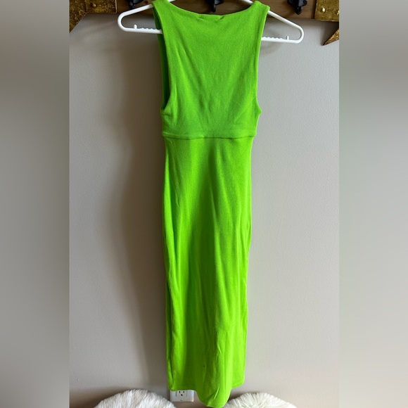 Zara Neon Green Ribbed Midi Dress with Front Knot - Size S - Picture 3 of 3